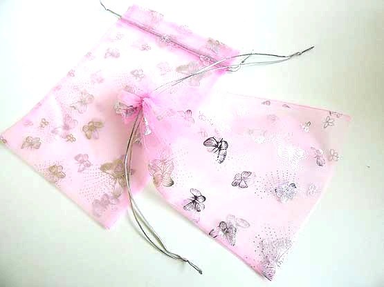 Large Pink Organza Bag with Silver Butterflies