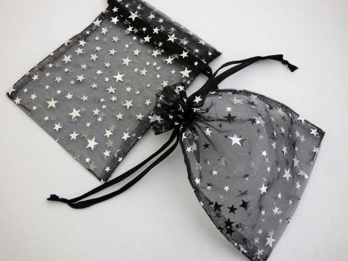 Medium Black Organza Drawstring Bag with Silver Stars