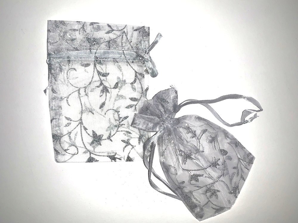 Medium Silver Organza Drawstring Bag With Silver Glitter Print
