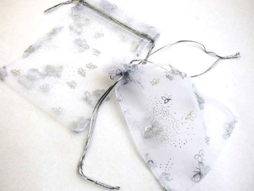 Medium White Organza Drawstring Bag with Silver Butterflies