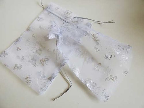 Large White Organza Bag with Silver Butterflies